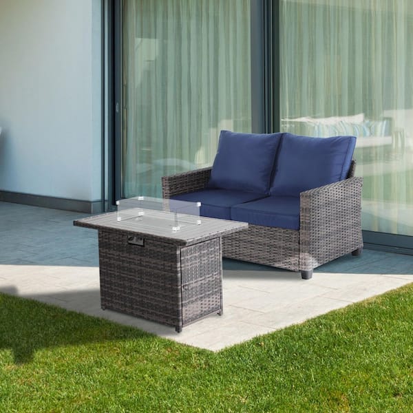 2-Piece Modern Wicker Outdoor Patio Conversation Sofa Loveset with Metal Fire Pit and Blue Cushions