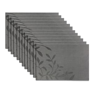 EveryTable 18 in. x 12 in. Black and White Leaves Jacquard Polyester Placemat (Set of 12)