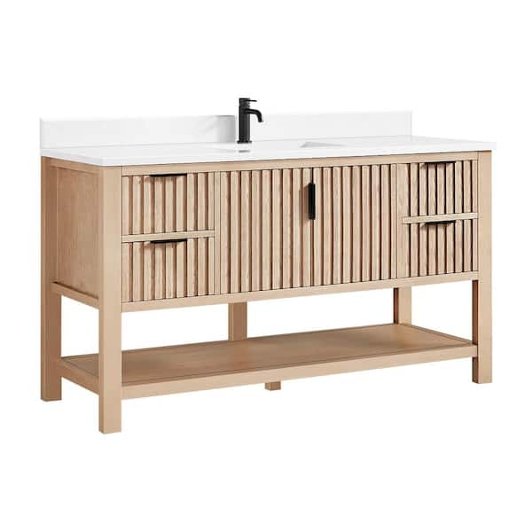 Tehran 60 in.W x 22 in.D x 33.9 in.D Single Bath Vanity in Aged Natural Oak with White Engineered Stone Top