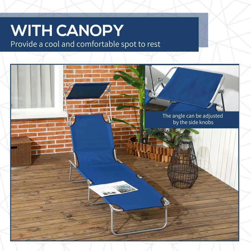 Blue Adjustable Folding Metal Outdoor Chaise Lounge with Sun Shade