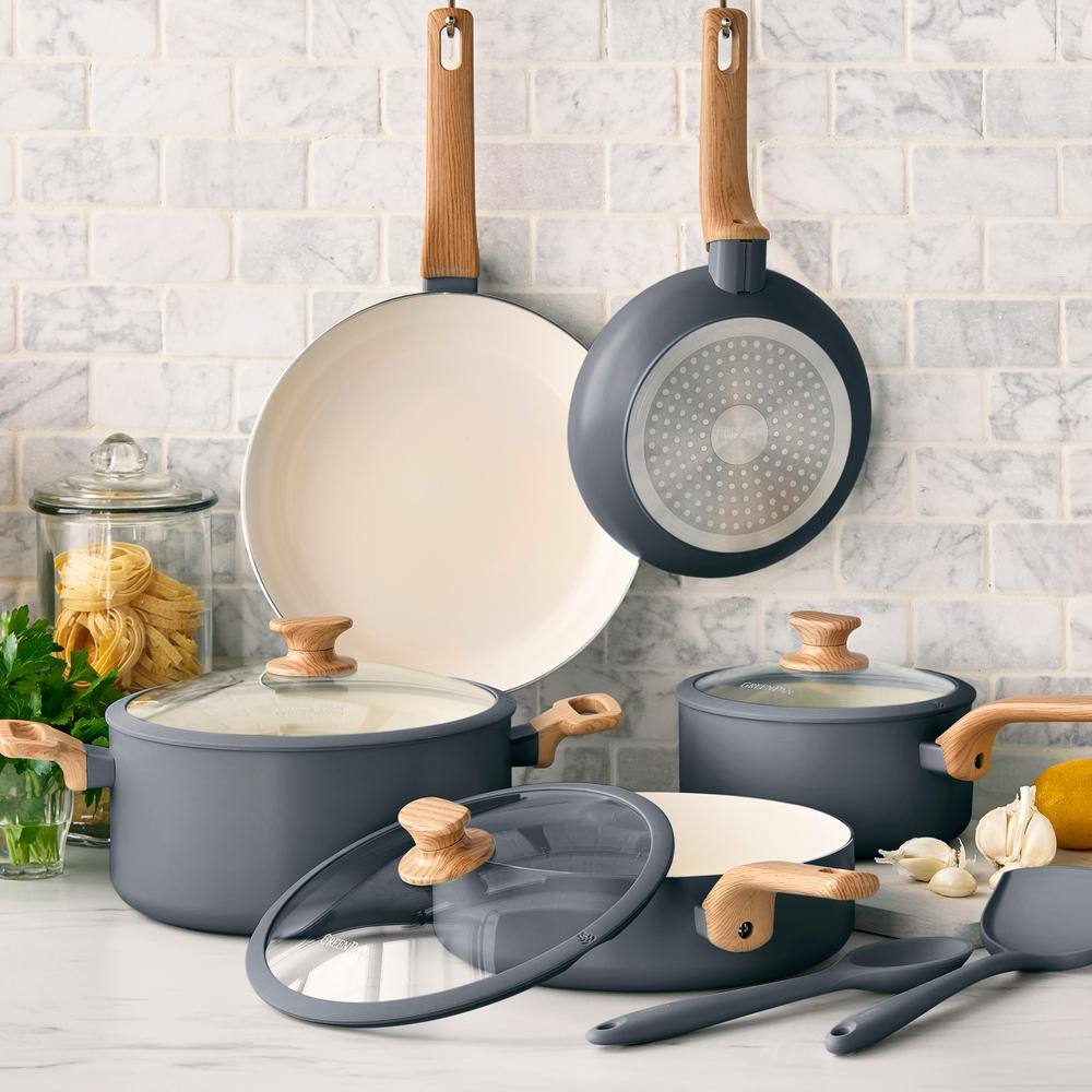 Gray Aluminum Nonstick 10-Piece Cookware Set with Wood Print Handles