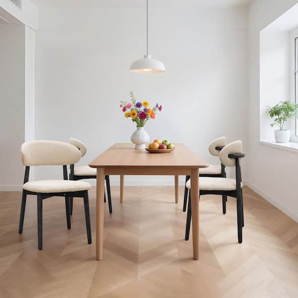 Qiro Modern Beige Cotton-Linen Fabric Upholstered Dining Side Chairs with Black Solid Wood Legs, Set of 4