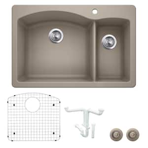 Diamond 33 in. Drop-in/Undermount Double Bowl Truffle Granite Composite Kitchen Sink Kit with Accessories