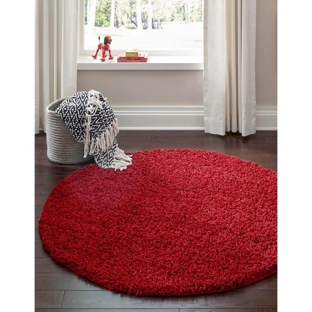 Luxe Cherry Red Round Shag Rug, Stain-Resistant & Washable