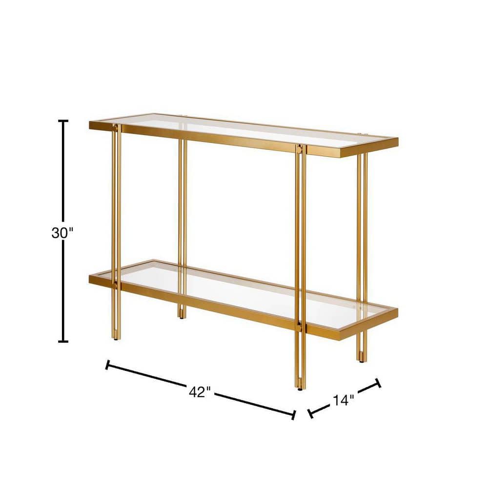 Modern Brass Finish Metal Console Table with Glass Shelf