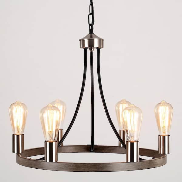 ZJVAIVE 6-Light Farmhouse Natural Candlestick Circle Wagon Wheel Linear Chandelier Lighting for Kitchen Island