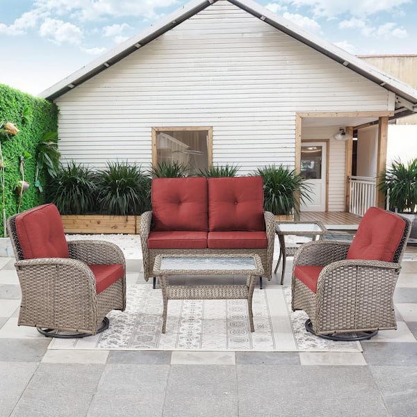 Gymojoy Carlos Gray 5-Piece Glider Set Wicker Patio Conversation Set Outdoor Swivel Chair Set with Red CushionGuard Cushions