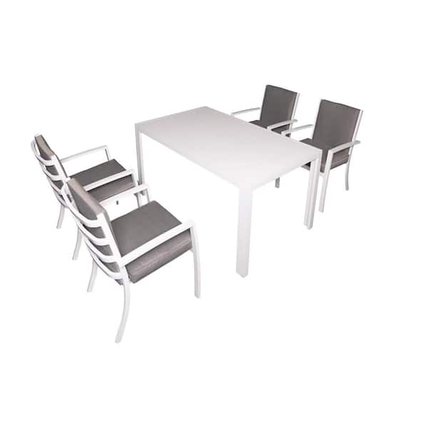 PATIOPTION Patio Dining Set, 5-Piece Aluminum Outdoor Dining Set with White Cushion and 57 in. Rectangle Table plus 4 Armchair