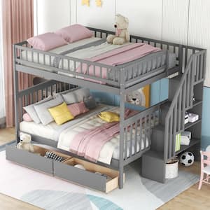Gray Full Over Full Bunk Bed with 2-Drawers, Wood Bed Frame with Storage Ladder and Full-Length Guardrails for Teens