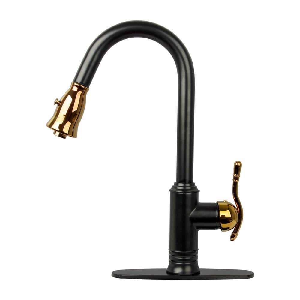 Akicon One-Handle Matte Black and Gold Pull Down Kitchen Faucet with ...