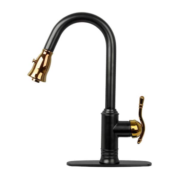 Akicon One-Handle Matte Black and Gold Pull Down Kitchen Faucet with Deck Plate