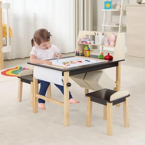 3-Piece Kids Wood Top Art Table and Chairs Set Drawing Desk with Paper Roll Storage Shelf Bins