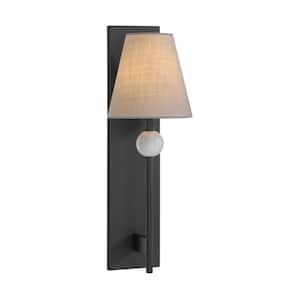 Travis 7.5 in 1-Light Matte Black Wall Sconce with White Fabric Shade