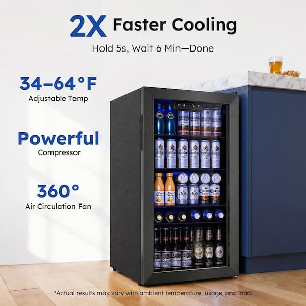 17.3 in.W Single Zone 130-Cans Freestanding Beverage Refrigerator Cooler in Black, Reversible Door
