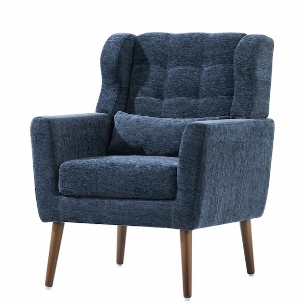 1 Piece Dark Blue Wood Outdoor Modern Accent Lounge Chair with Chenille Fabric Lounge for Living Room Bedroom