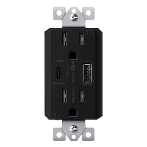 15 Amp Duplex Receptacle, 60-Watt Power Delivery USB Outlet Type A/C, Dual Ports, Black