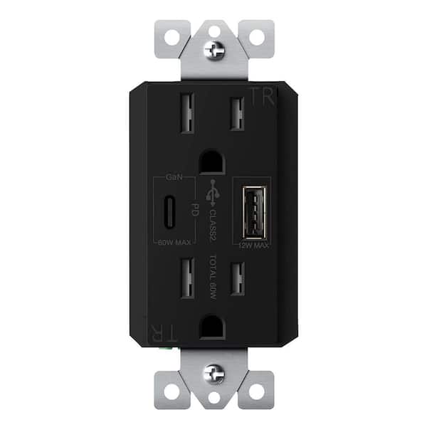 TOPGREENER 15 Amp Duplex Receptacle, 60-Watt Power Delivery USB Outlet Type A/C, Dual Ports, Black