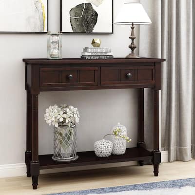 36 in. Espresso Standard Rectangle Wood Console Table with 2-Drawers