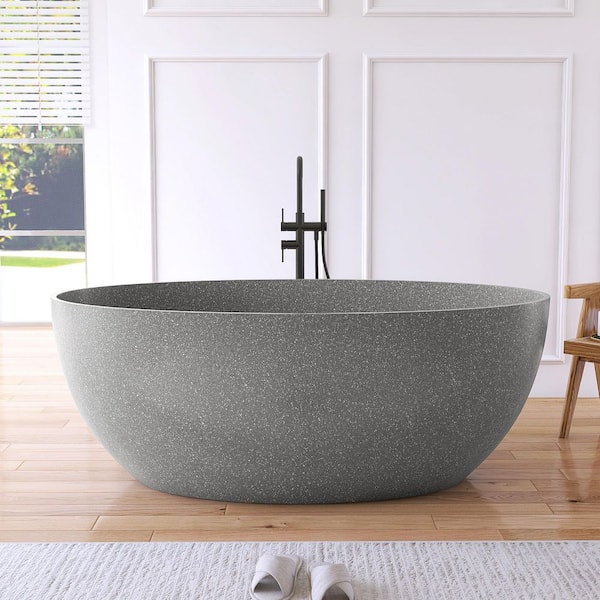 63 in. x 31 in. Terrazzo Stone Solid Surface Flatbottom Freestanding Soaking Bathtub in Gray (Outdoor-Compatible)