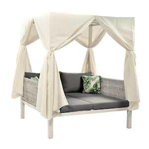 White Metal Woven Rope Outdoor Day Bed with Gray Cushions and Beige Canopy for Shade