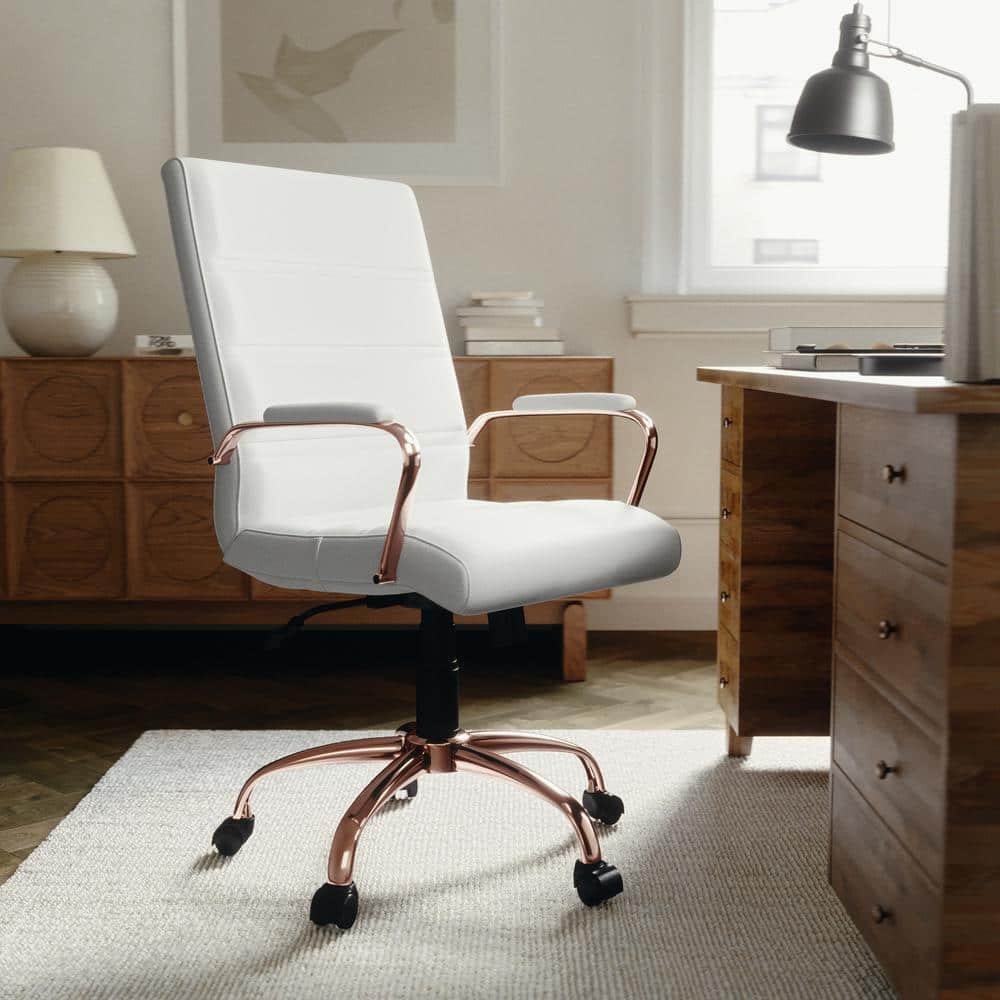 Whitney Mid-Back Faux Leather Swivel Ergonomic Office Chair in White/Rose Gold Frame with Arms
