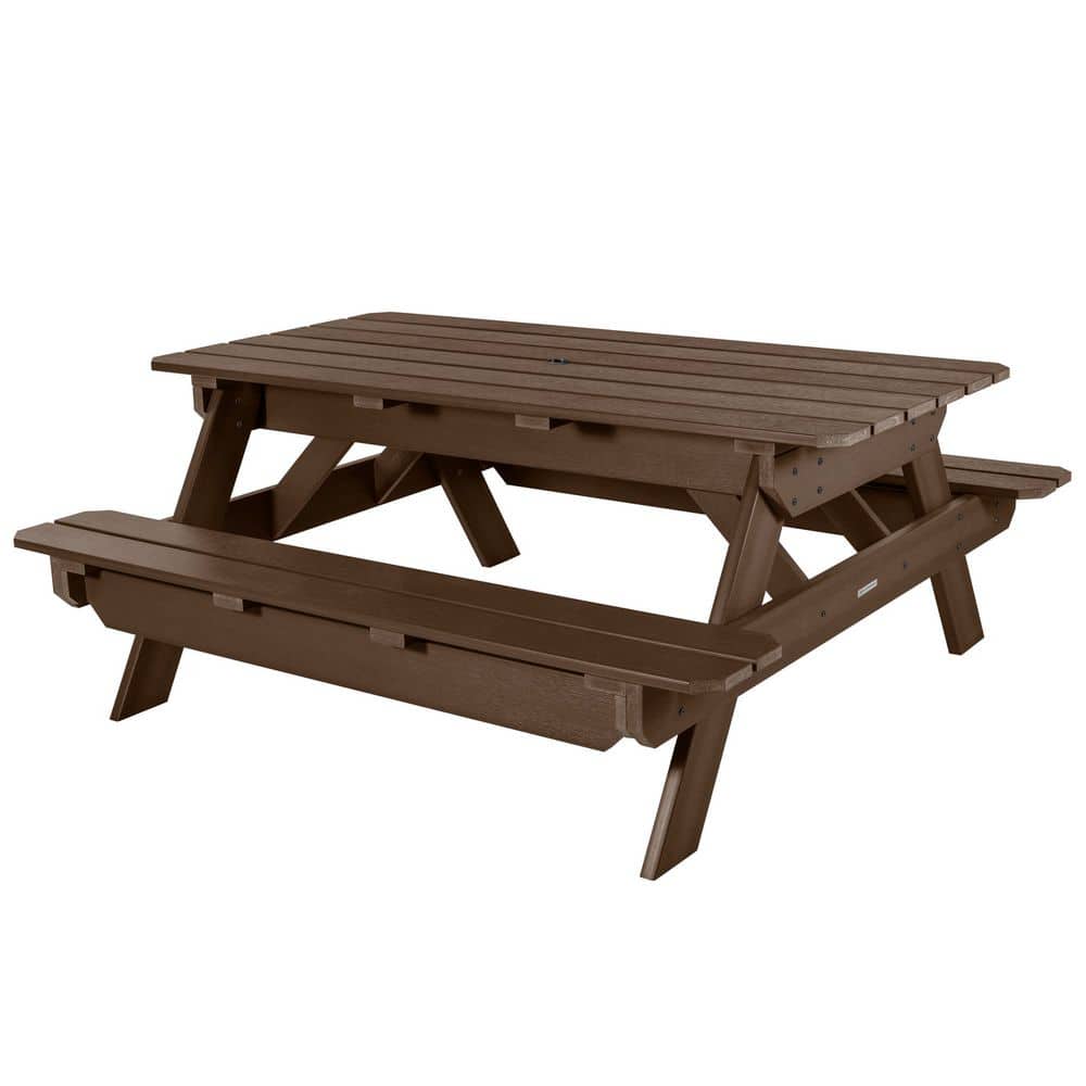 A brown rectangular plastic picnic table isolated on a white background.