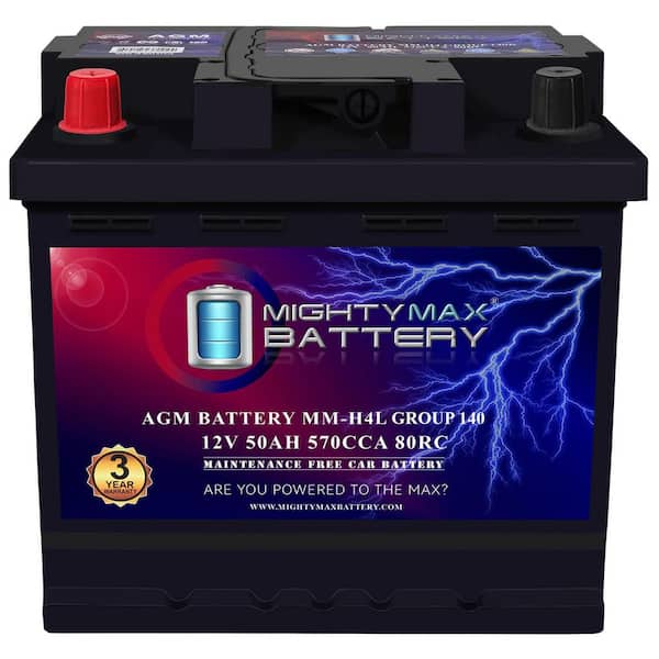 MM-H4L Car BCI Group Size 140 Positive Terminal on Left Side 12V 50 AH, 80RC, 570 CCA Rechargeable AGM Car Battery