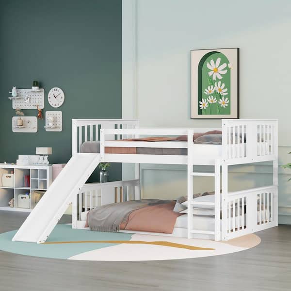 URTR White Twin Over Twin Bunk Bed with Slide and Ladder, Wooden Low Bunk Bed Frame for Kids, No Box Spring Needed