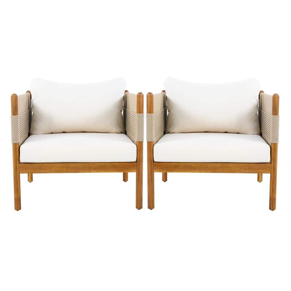 Torrent Beige+Teak Acacia Wood Rope Weave Outdoor Patio Lounge Chair with Cream Cushions, Set of 2