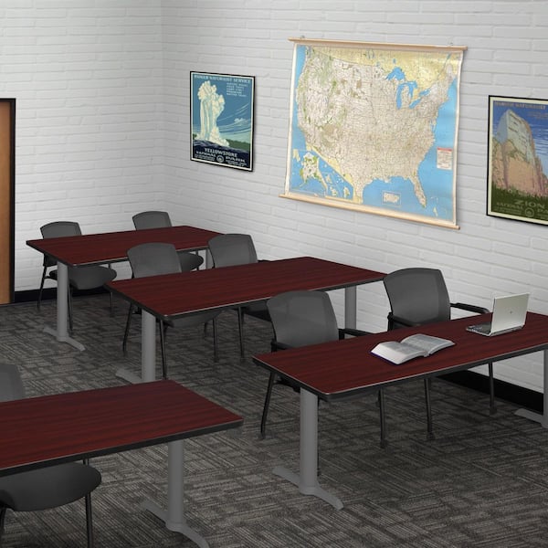 Cain 72 in x 24 in. Mahogany Table Top T-Base Training Seminar Table Desk, Grey Base and 2 Knight Mesh Chairs