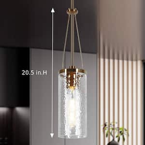 Modern Brass Pendant Light 1-Light Cylinder Drum Mini Pendant Light with Hammered Glass Shade for Kitchen, Hallway