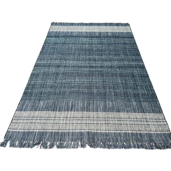 Blue Hand-Knotted Wool Modern Handloom Flat Weave Durrie Rug, 6 ft. x 9 ft., Area Rug