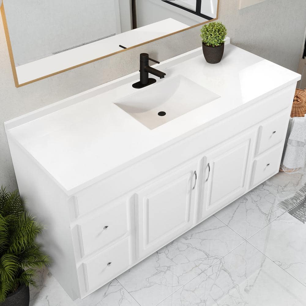 61 Inch Solid White Cultured Marble Vanity Top with Backsplash