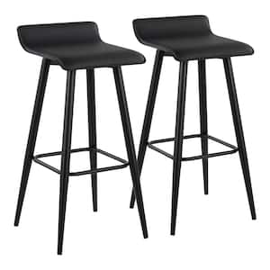 Ale 32.5 in. Black Faux Leather and Black Steel Fixed-H Low Back Bar Stool (Set of 2)