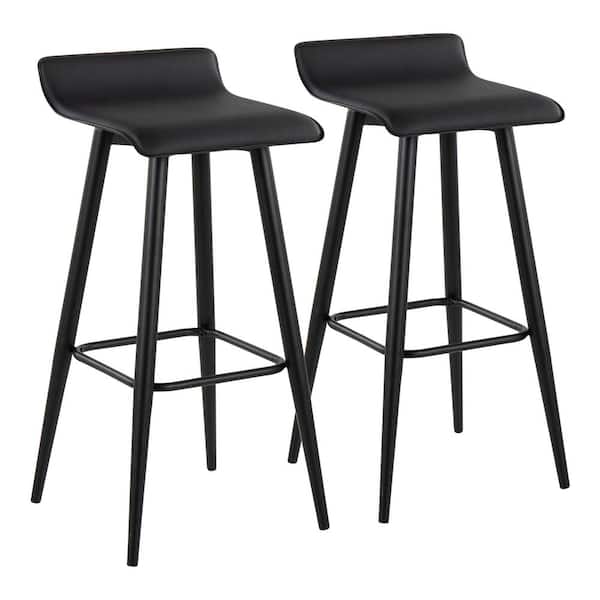 Lumisource Ale 32.5 in. Black Faux Leather and Black Steel Fixed-H Low Back Bar Stool (Set of 2)