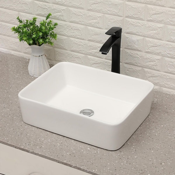 19 in. Vessel Rectangular Bathroom Sink with Faucet in White Ceramic