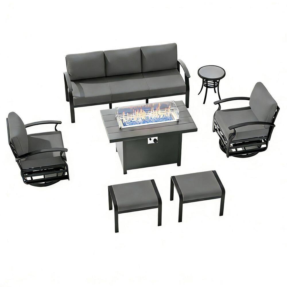 7-Piece Aluminum Patio Conversation Set with 2 Swivel Rocking Chairs, 2 Ottomans, a Fire Pit Table and Gray Cushions price history on PriceWatchPro