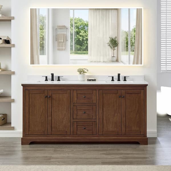 Avery 72 in. Double Freestanding Dark Walnut with Matte Black Trim Bath Vanity with Giotto Quartz Top