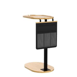 16.8 in. Oval Bamboo Adjustable Side Table with 360° Phone Holder, Sofa Tray Table for Couch Arm (Storage Pocket)