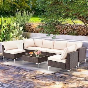 7-Piece Wicker Patio Conversation Set with Wood Plastic Composites Table in Beige Cushion