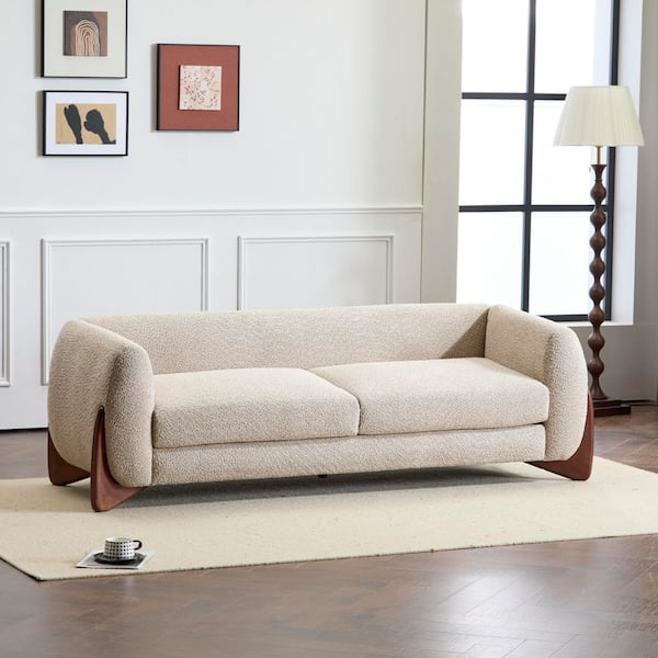 Nisant Modern 82 in. Round Arm Boucle Fabric Upholstered Rectangle Sofa in. Almond + Brown, Solid Wood Frame