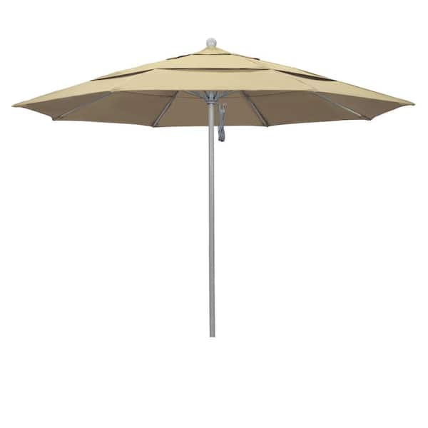 California Umbrella 11 ft. Gray Woodgrain Aluminum Commercial Market Patio Umbrella Fiberglass Ribs and Pulley Lift in Beige Pacifica