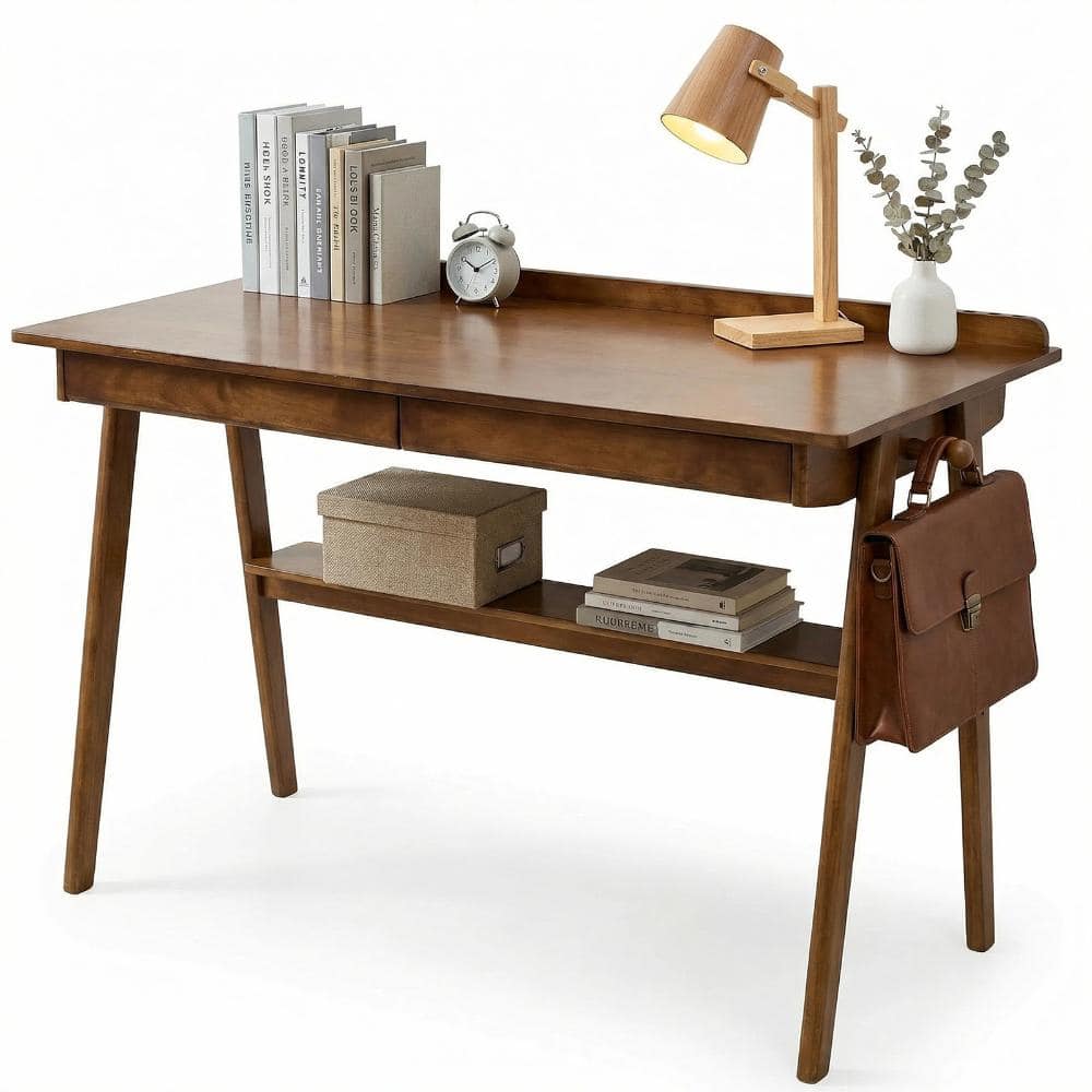 Solid Wood Writing Desk with Drawers Storage Shelf and Side Hooks for Home Office Study Room