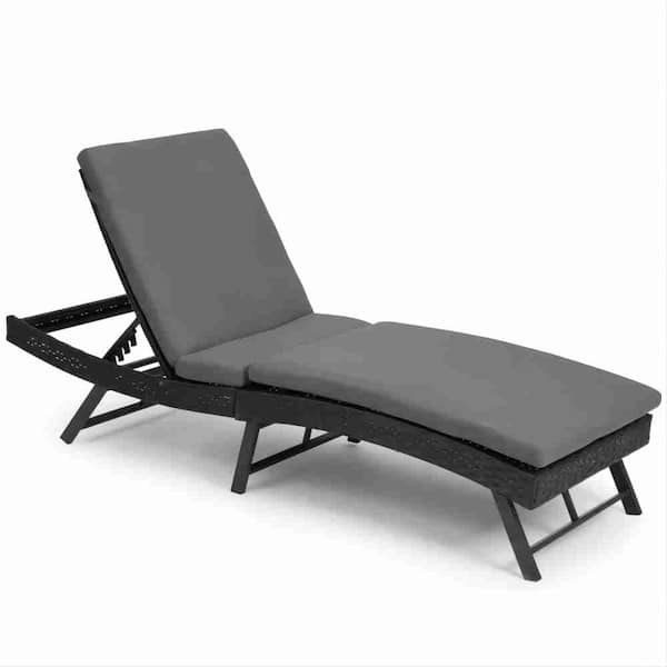 Unbranded Folding Steel Outdoor Chaise Lounge with Adjustable Back, Gray Cushions and Folding Table for Patio, Pool