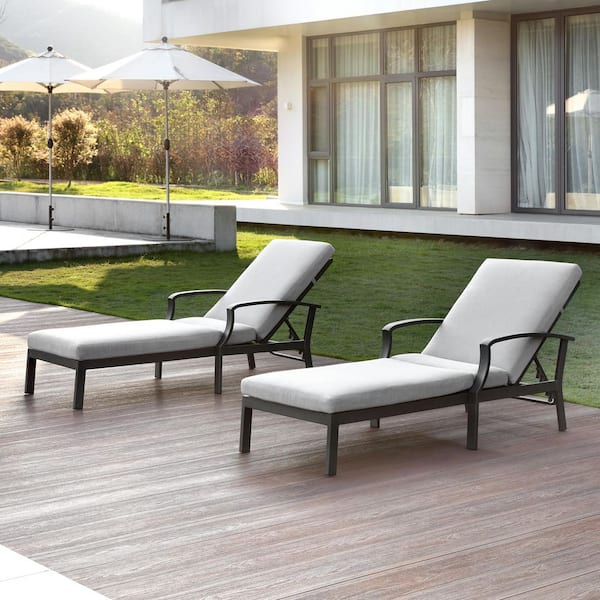Dark Brown 2-Piece Aluminum Outdoor Patio Reclining Chaise Lounge with Adjustable Back and Beige Cushions