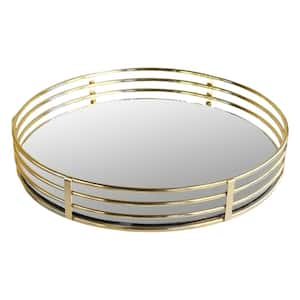 15 in. x 3 in. x 15 in. Gold Metal and Glass Round Serving Tray