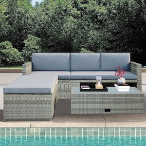 4-Piece Wicker Sofa Outdoor Sectional Set with Retractable Table and Padded Gray Cushions