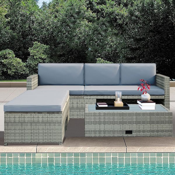 Tunearary 4-Piece Wicker Sofa Outdoor Sectional Set with Retractable Table and Padded Gray Cushions
