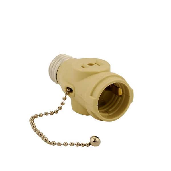 Leviton 660-Watt 15 Amp 2-Outlet Socket Adapter with Pullchain, Ivory 1406-I