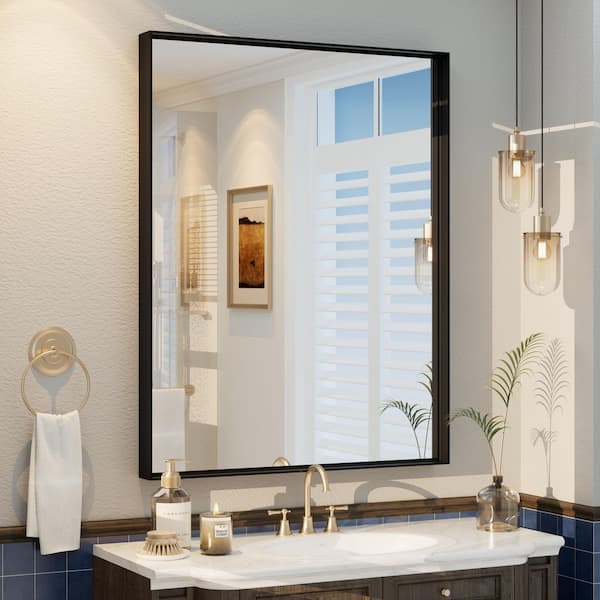 Apmir 28 in. W x 36 in. H Rectangular Aluminum Alloy Framed and Tempered Glass Wall Bathroom Vanity Mirror in Matte Black